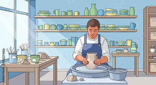 Focused Craftsman Shaping Clay on a Pottery Wheel in a Bright Studio