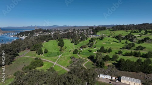 Aerial view of green golf course in Morro Bay State Park, Morrow Bay, San Luis Obispo County, California