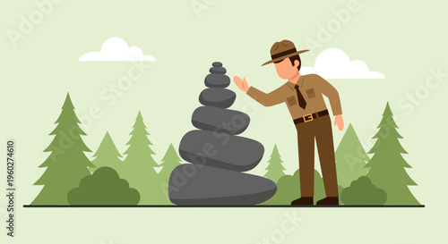 Forest Ranger Creates Balanced Rock Cairn Nature Zen Meditation
