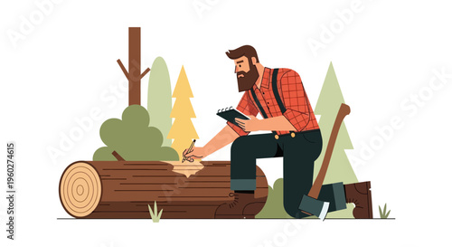 Forester In A Forest Taking Notes Beside A Fallen Log