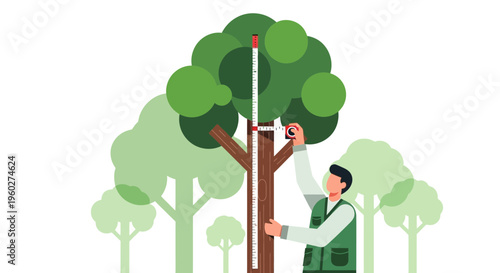 Forester Measuring Tall Tree Height With Tape Measure In Forest Ecosystem