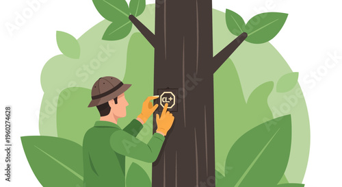 Forester Inspecting Tree With Digital Tag Technology In Forest Environment