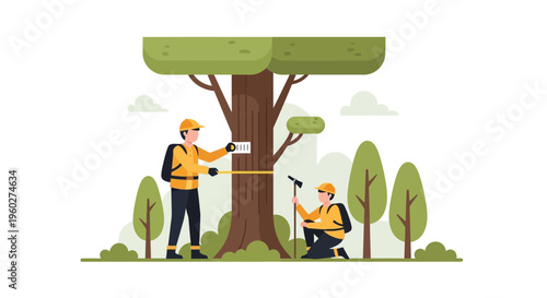 Forestry Professionals Measuring Large Tree Diameter For Conservation Efforts