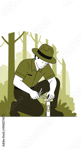 Forest Ranger Maintaining Trail Marker With Tools In Nature Scene
