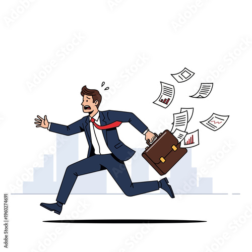 Frantic Businessman In A Hurry Clutching Briefcase Amidst Flying Documents