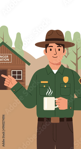 Friendly Park Ranger Offers Directions With Warm Drink In Hand
