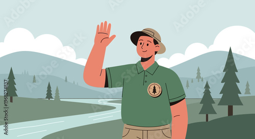 Friendly Ranger Welcomes Visitors to a Serene Mountain Landscape