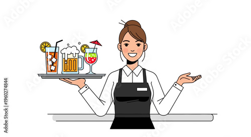 Friendly Waitress Presents Refreshing Drinks On A Tray For Service