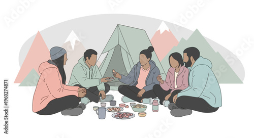 Friends Camping Together Enjoying A Meal In The Mountains Outdoors