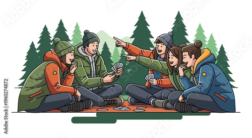 Friends Playing Cards Together Outdoors In A Forest Setting
