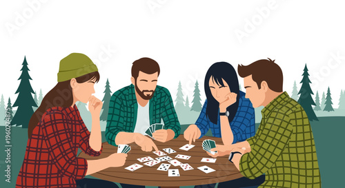 Friends Enjoying A Card Game Together Outdoors Surrounded By Nature