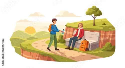 Friends Sharing Refreshments On Scenic Hiking Trail At Sunrise