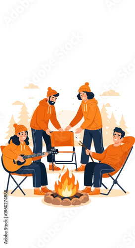 Friends Enjoying A Cozy Campfire Gathering In The Woods