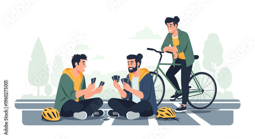 Friends Playing Cards On A Break After Cycling Outdoors