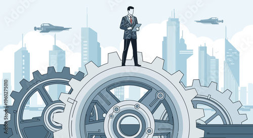 Futuristic Business Leader Standing On Giant Gears Above Cityscape