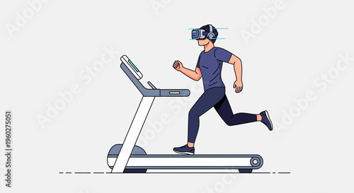 Futuristic Fitness Runner Immersed In Virtual Reality On Treadmill