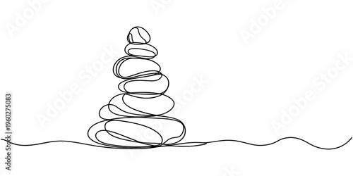 Pebbles with circles in sand in one continuous line drawing. Balance and enjoying life in a simple linear style. Spa wellness and massage salon editable stroke. Doodle vector illustration, Lined Spira