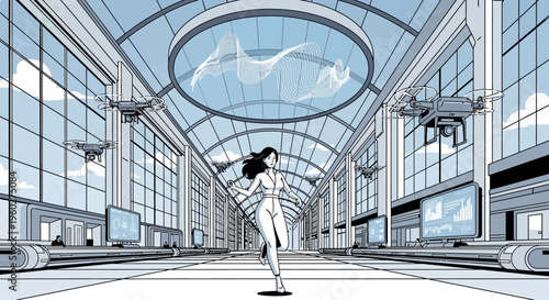 Futuristic Industrial Interior with Drones and Data Displays