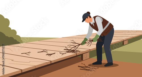 Gardener Clearing Debris From Wooden Deck Maintenance And Yard Work Activity