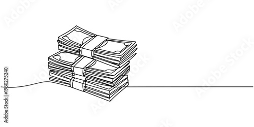 stacks of one hundred dollar bills continuous one line drawing, self drawing of continuous line draw stacks of one hundred dollar bills, minimalist vector illustration, Full length.