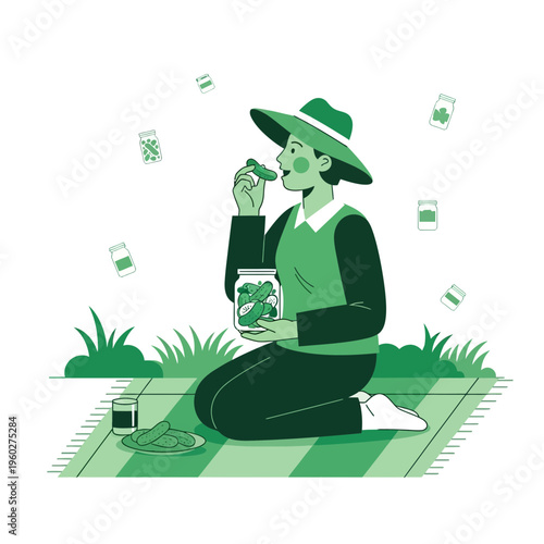 Gardener Enjoys Freshly Picked Cucumbers During Outdoor Picnic