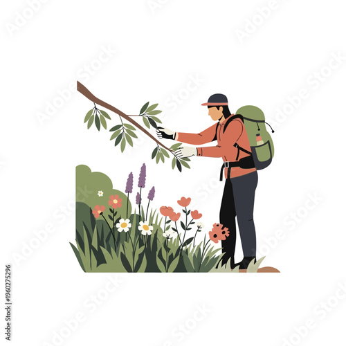 Gardener Exploring Lush Nature And Examining Plant Life