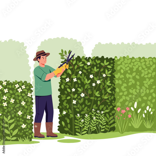 Gardener Expertly Pruning Lush Green Hedge With Precision And Care