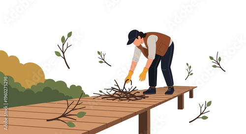 Gardener Gathering Twigs On Outdoor Wooden Boardwalk