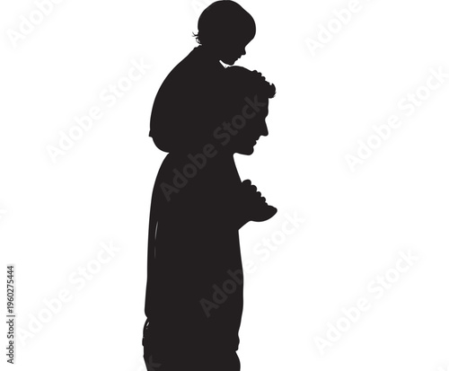 Father carrying child on shoulders silhouette in black and with for family and parenting themes. Transparent Background