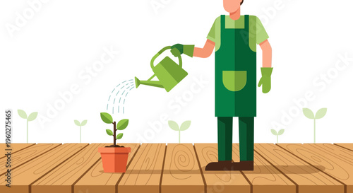 Gardener Nurturing A Tiny Plant With A Watering Can