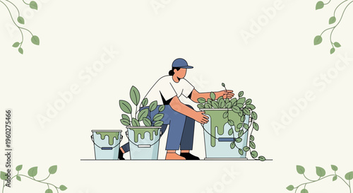 Gardener Nurturing Plants In Paint Buckets For Eco Friendly Decoration Ideas