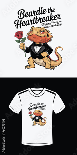 Bearded dragon in tuxedo holding a red rose with text beardie the heartbreaker reptile lizard