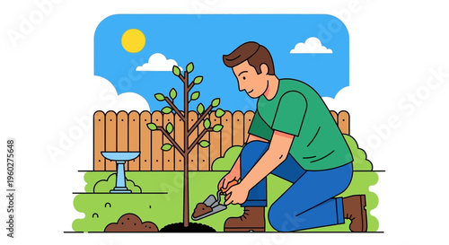 Gardener Planting Sapling Outdoors With Trowel In Sunny Backyard