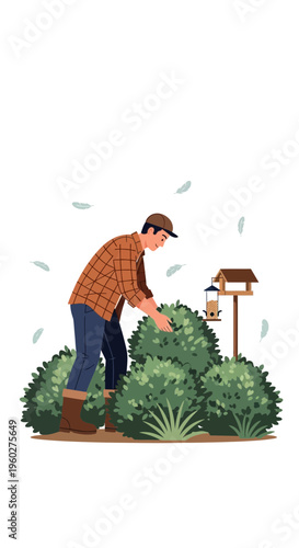 Gardener Tending Lush Bushes Next To A Bird Feeder With Falling Leaves