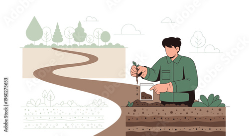 Gardener Planting Seedling In Soil Layer Illustration
