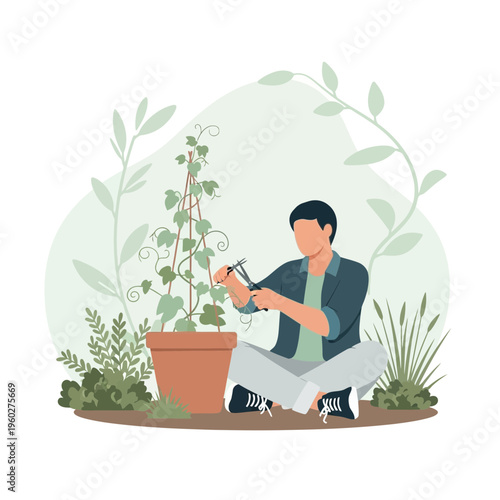 Gardener Tending To A Growing Plant With Secateurs In A Pot