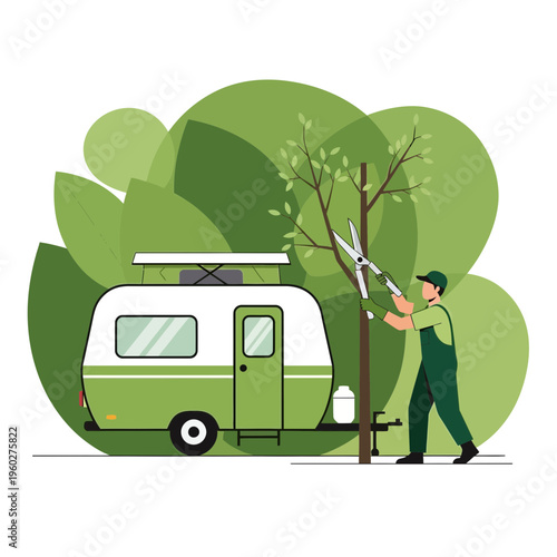 Gardener Trimming Tree Near Camper Trailer Outdoor Activity Fresh Air