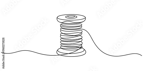 Continuous one line drawing of textile spool of thread. Spool of thread single line art vector illustration. Editable vector, Continuous one line drawing of sewing needle and thread spool, minimalist.