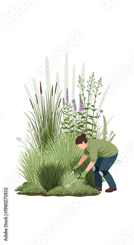 Gardener Tends Lush Greenery Preparing For Spring Growth Lush Meadow Landscape