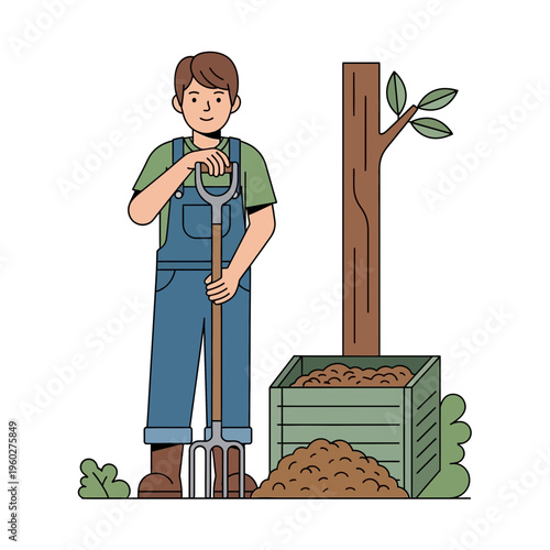 Gardener With Pitchfork Next To Compost Bin And Small Tree