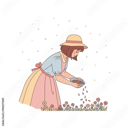 Gardener Woman Planting Seeds In A Blooming Flower Bed