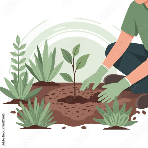Gardening Hands Gently Planting A Young Sapling In Rich Soil