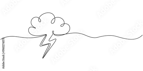 Continuous one line drawing of thundercloud and lightning symbol. Vector illustration, Concept of sadness in inclement weather, depression, stress, Single line vector illustration element. Anxiety pro