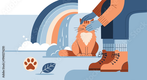 Gentle Touch On Orange Cat Under Rainbow Waterfall