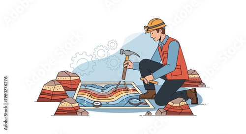 Geological Exploration Scientist Studying Rock Formations And Geological Map