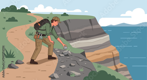 Geologist Examining Rock Strata By The Sea