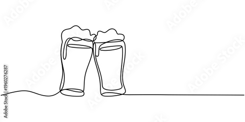 Two glasses of beer continuous one line drawing. Line art glasses of beer. Hand drawn vector art.