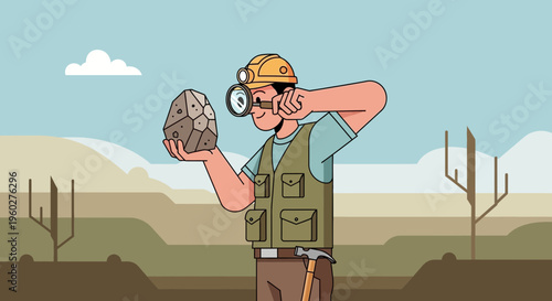 Geologist Examining Rock Sample With Magnifying Glass In Desert Landscape