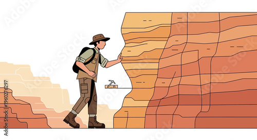 Geologist Examining Stratified Rock Formation During Outdoor Expedition