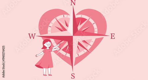 Girl Embarking On A Compass Rose Of Love Directional Journey Towards Happiness
